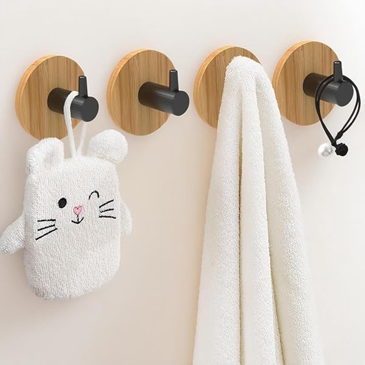 SnelShoppen - 4 Houten en Bamboe Wandhaken met Zwarte L-haak voor Keuken, Badkamer, Slaapkamer, Geen Boren, Houten Handdoekrekken, Wandhaken voor Tege