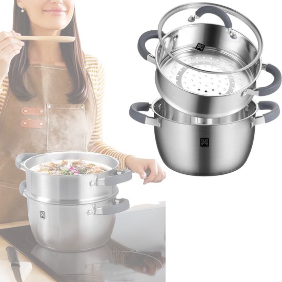 Zavio® Stoompan - Stoommandje - Stoofpan met Deksel - Zilver