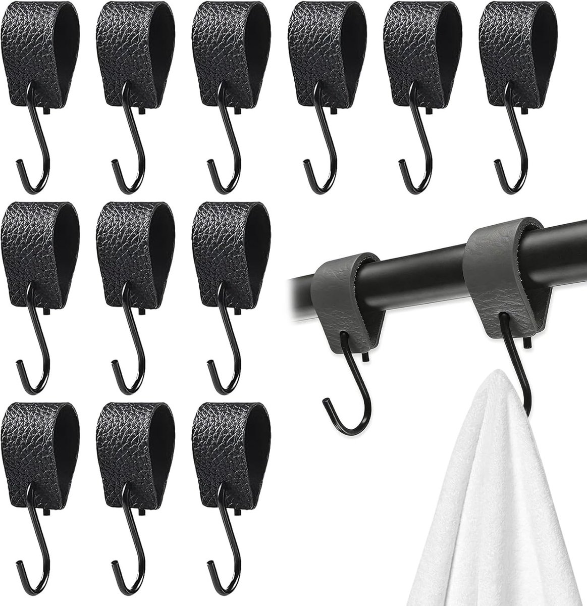 SnelShoppen - 12 Stuks Zwarte Haken met Leren Lus, S-Haken voor Kledingrek, Vleeshaak van Leer, Voor Keuken, Badkamer, Slaapkamer, Woonkamer, Kamperen