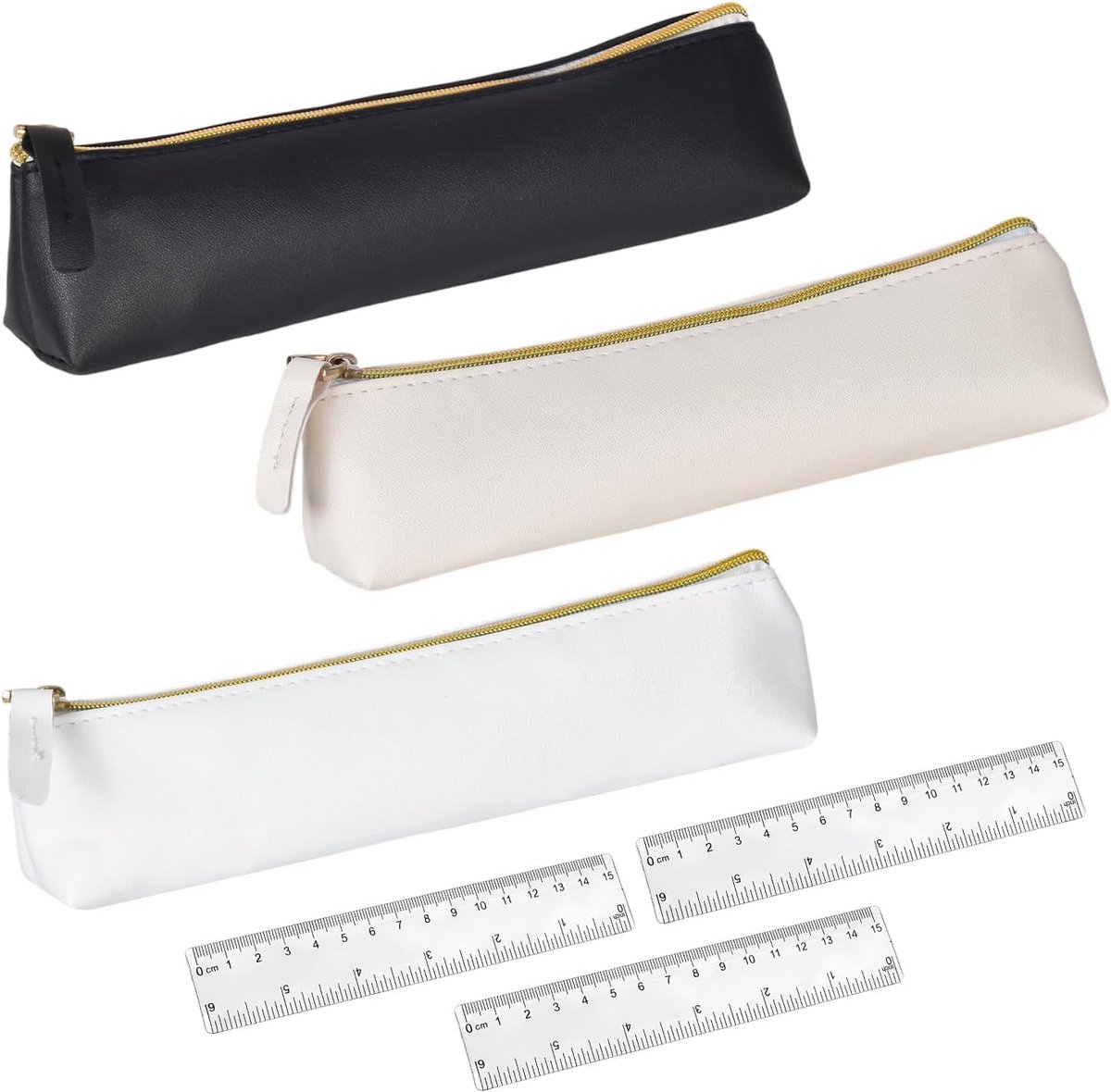 SnelShoppen - Set van 3 PU Leren Pennen Etuis met 3 Plastic Linialen, 15 cm, Dubbele Schaal, Compact en Stijlvol voor School en Kantoor, Organizer voo