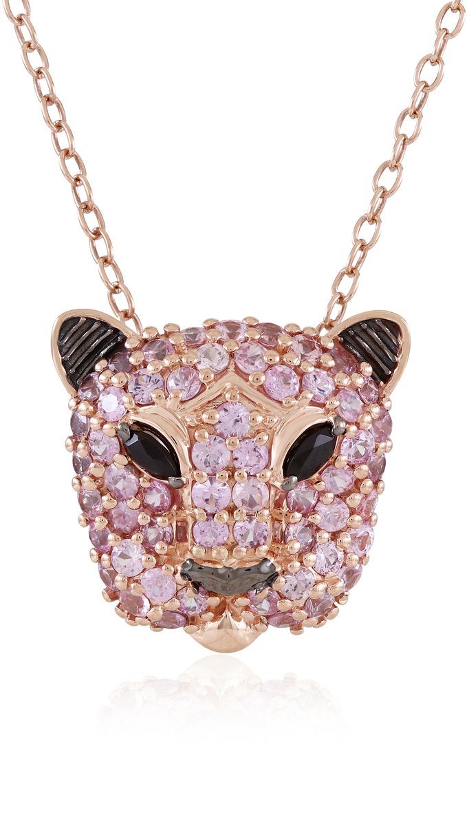 Cavill - Luxe Dames Ketting 925 Zilver Roségoudverguld - Zwarte Spinel Marquise 0,135 ct & Roze Saffier Rond 2,43 ct - Verstelbare Luipaardhanger