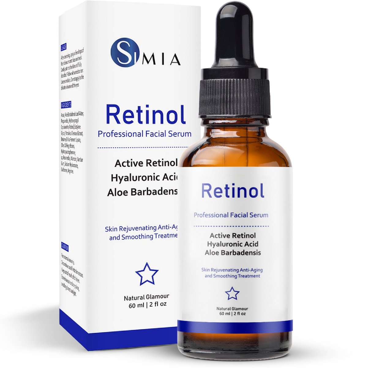 Simia™ Advanced Active Retinol Serum – Met Hyaluronzuur & Aloë Vera – Gezichtsserum – Collageen – Anti Aging – Celvernieuwing – Anti-Acne – Tegen Mee-eters en Grove Poriën – Tegen Pigmentvlekken – 60ml