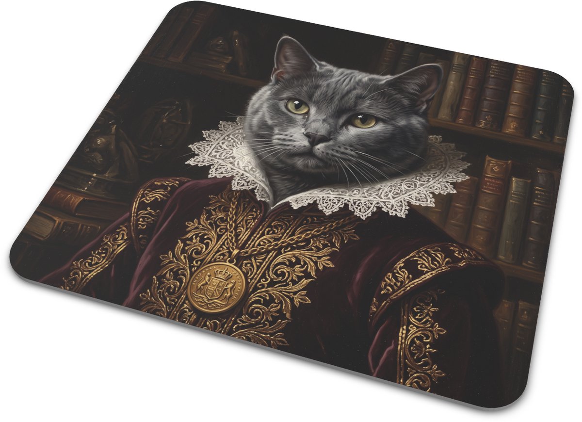Muismat Chartreux Kartuizer Kat Renaissance Kunst Aristocratische Grijze Kat met Kant en Gouden Medaillon in Bibliotheek Sfeervol Cadeau voor Kattenliefhebber en Thuiswerkplek 22x20 cm