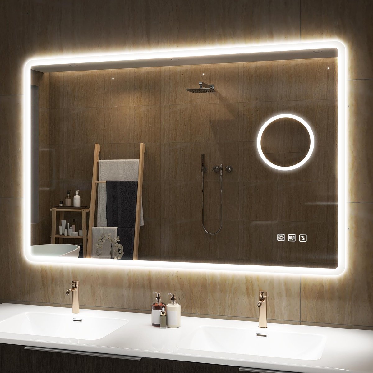 SnelShoppen - S'bagno Badkamer Spiegel met LED Verlichting 100x70cm, Bluetooth Spiegel met 5x Vergroting, Anticondens, 3 Kleuren, Dimbaar, Gehard Glas