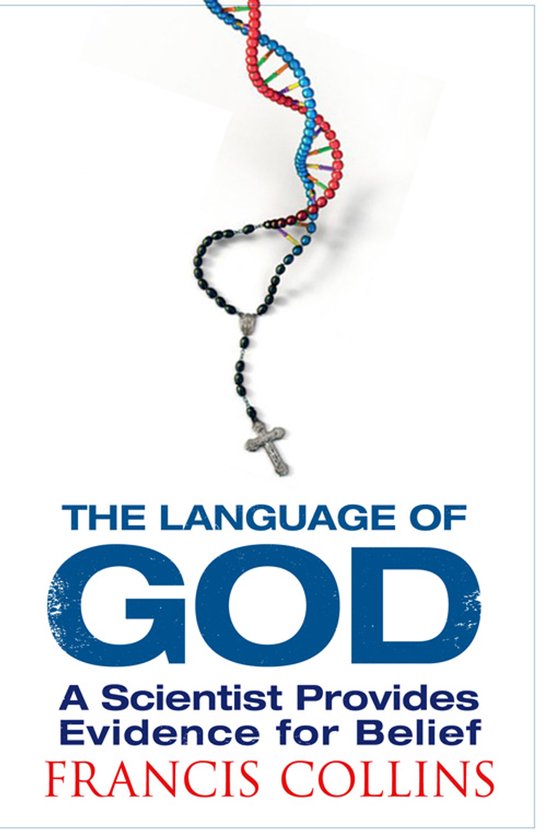 De titel 'THE LANGUAGE OF GOD' met een DNA-spiraal en een rozenkrans erboven.