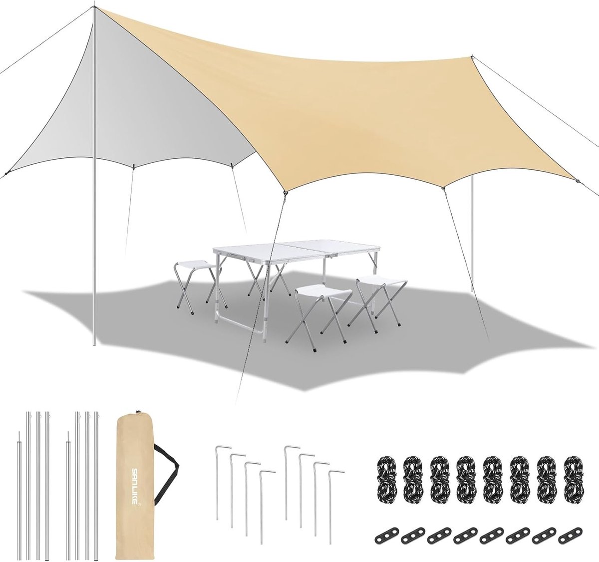 Ultra Light Tent Tarpaulin 4.5 x 5.2 m met Steunbalk, 8 Haringen en 8 Nylon Tenttouwen voor Optimale Bescherming en Gemakkelijk Opzetten