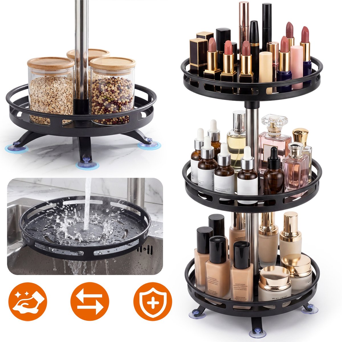 3-Laags Draaibaar Opbergrek 55 cm - Roestvrij Staal Soepel Draaiend Stevige Voet - Multifunctionele Organizer Voor Kruiden, Cosmetica En Voorraadkast