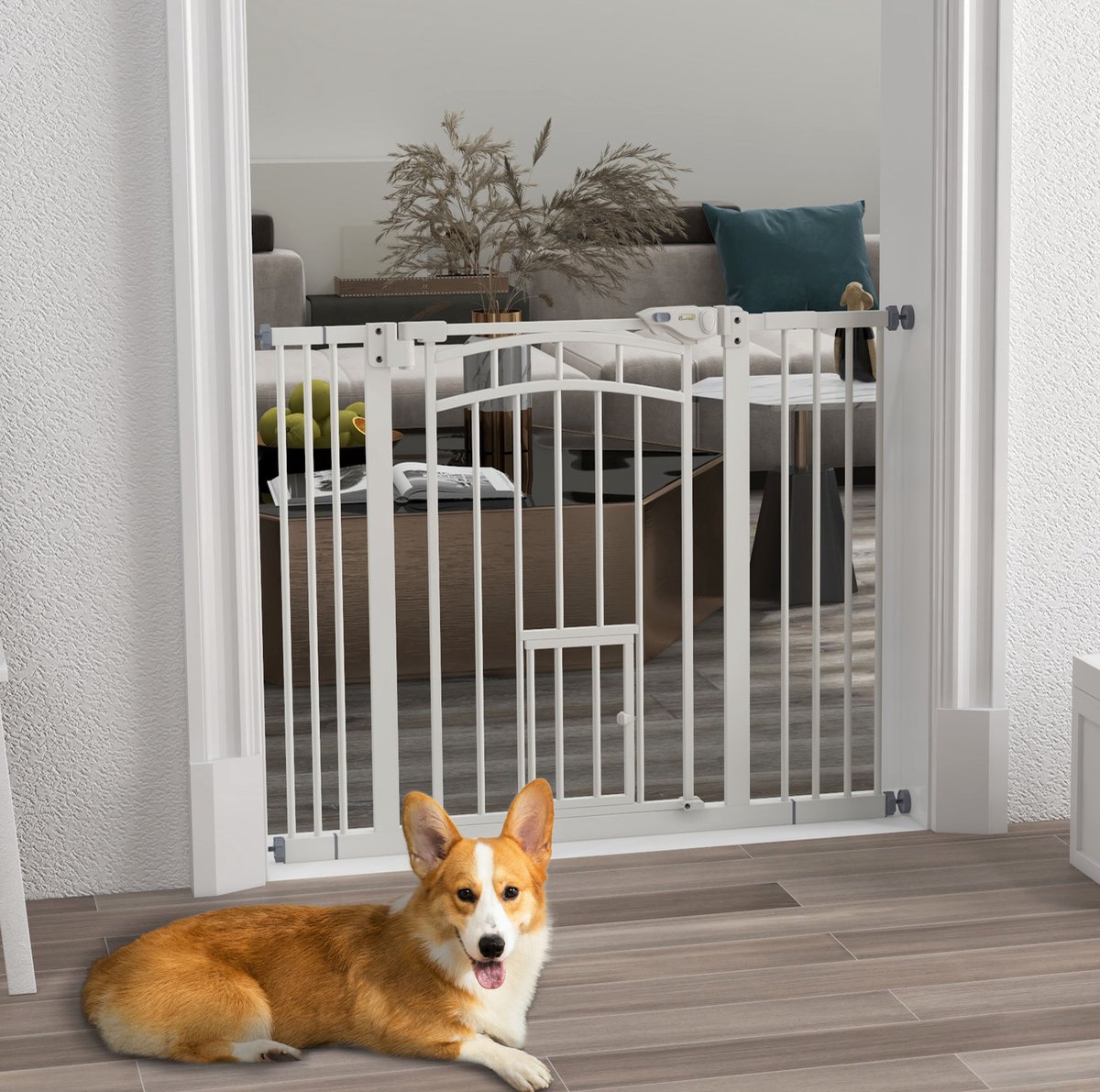 REDOM - Hondenhek - Automatisch sluitend met kattenklep - Dubbele vergrendeling - Verstelbaar 74-100 cm - Voor trap en deur - Staal - Wit - 76 cm