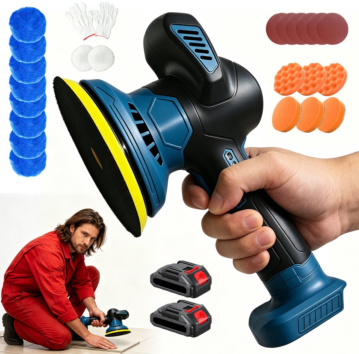 Polijstmachine - Professionele Draadloze Polijstmachine - Dubbele Batterij - 145 mm Schijf met 6 Snelheden - Excentrische As Voorkomt Lakschade - Duurzame Koperen Motor - Incl. 3 Sponzen & 8 Polijstdoppen - Voor Autodetailing & Houtbewerking