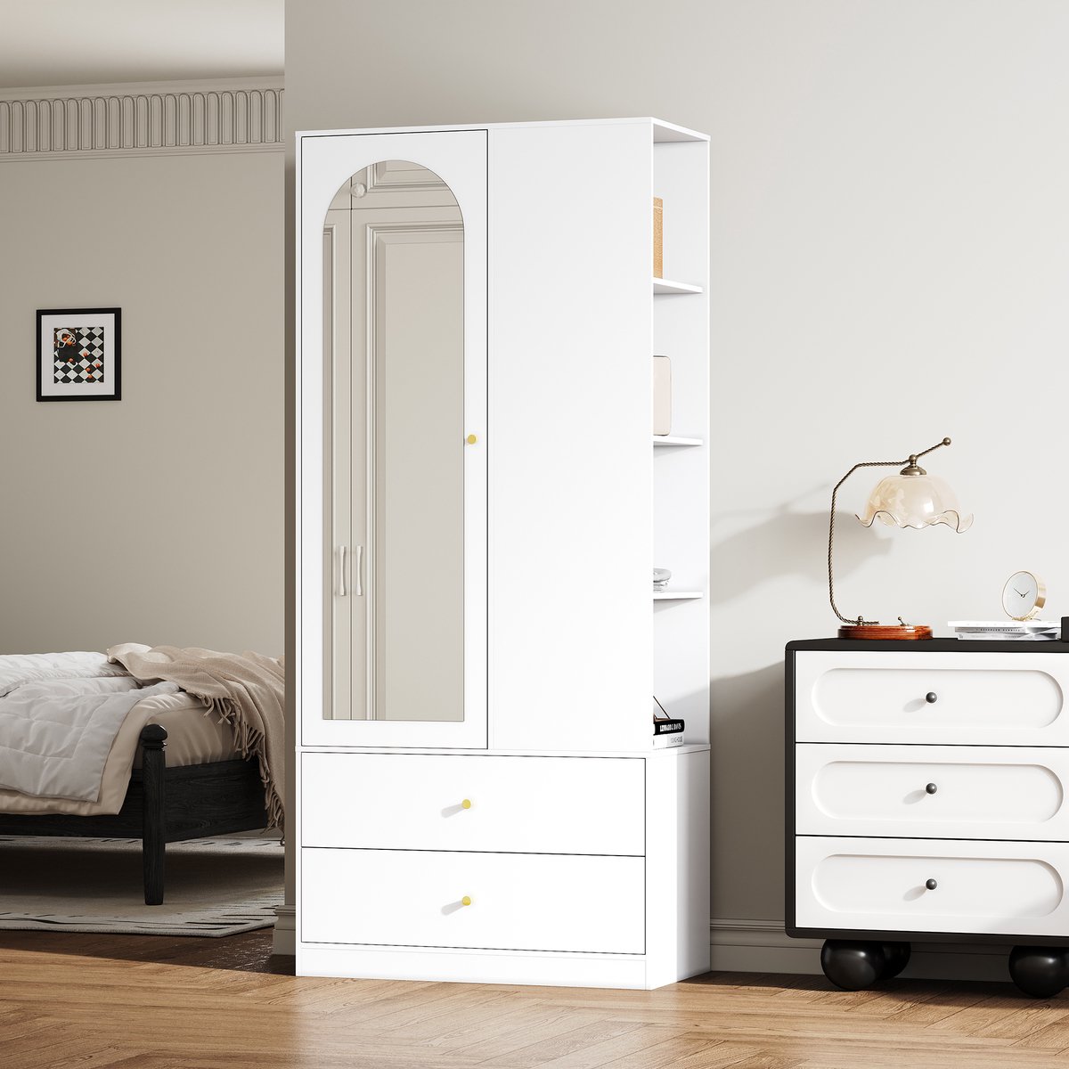 Sweiko Kledingkast - Met spiegel - 2 lades - 4 planken - 80x40x180 cm - Wit