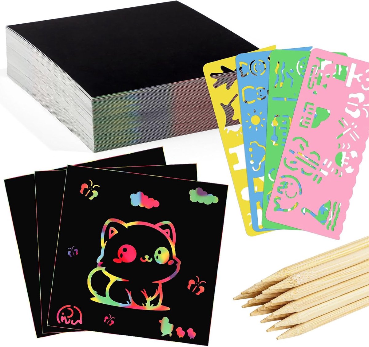 Kraspapier set – 50 Vellen – Regenboog kraspapier – Krabbladen Tekenen - Inclusief sjablonen en kraspennen – Creatief knutselen voor kinderen – 18,5 x 26 cm – Zwart