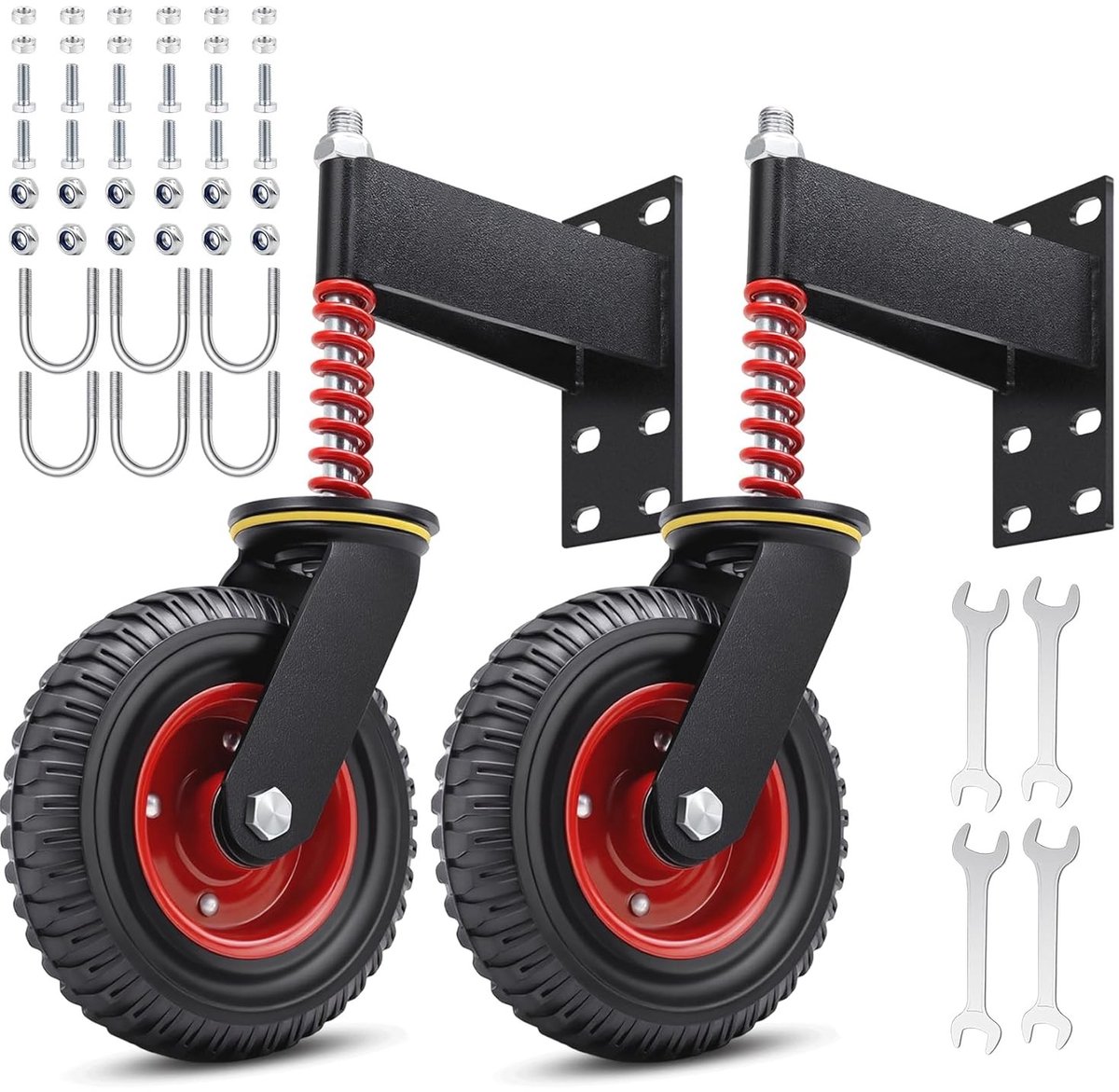 Zware 200mm Poortroller met Veer en Smeernippel, 250kg Draagvermogen, Stille Zwarte Rubberwiel voor Ongelijke Bodems en Tuinen, Ideaal voor Houten en Metalen Poorten
