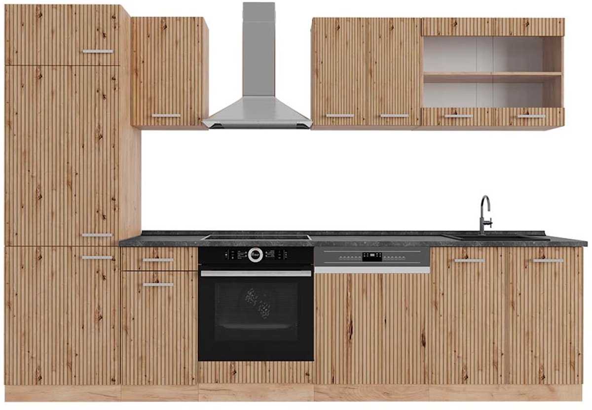 Vicco R-Line Complete keukeneenheid – 300 cm, WB Antraciet Artisanaal eiken/Goudkraft eiken