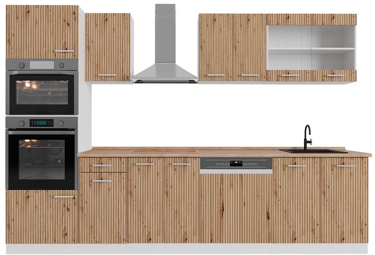Vicco R-Line Complete keukeneenheid – 300 cm met hoge kast, WB Eik Artisanaal eiken/wit