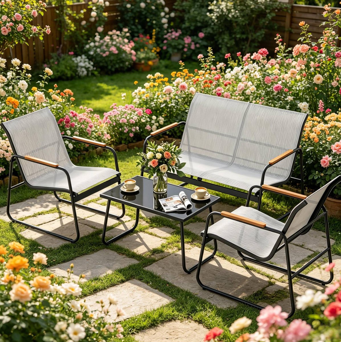 MODENUIT Tuinset 4-delig - 2-Zitsbank, 2 Stoelen en Tafel - Voor Balkon en Terras - Metaal en Glas - Grijs