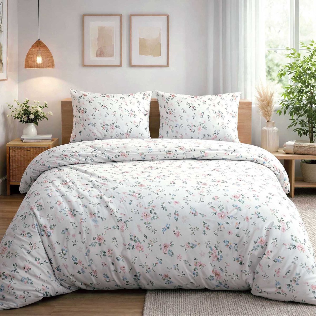 Darymex Satynlove Dekbedovertrek 180x200 cm - Wit - Subtiele Pastelbloemen & Botanisch Motief - 100% Katoen-Satijn (120 g/m²) - Tweepersoons - Met Ritssluiting - OEKO-TEX® - Met 2 Kussenslopen 70x80 cm