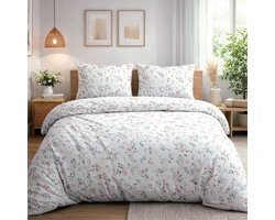 Darymex Satynlove Dekbedovertrek 180x200 cm - Wit - Subtiele Pastelbloemen & Botanisch Motief - 100% Katoen-Satijn (120 g/m²) - Tweepersoons - Met Ritssluiting - OEKO-TEX® - Met 2 Kussenslopen 70x80 cm