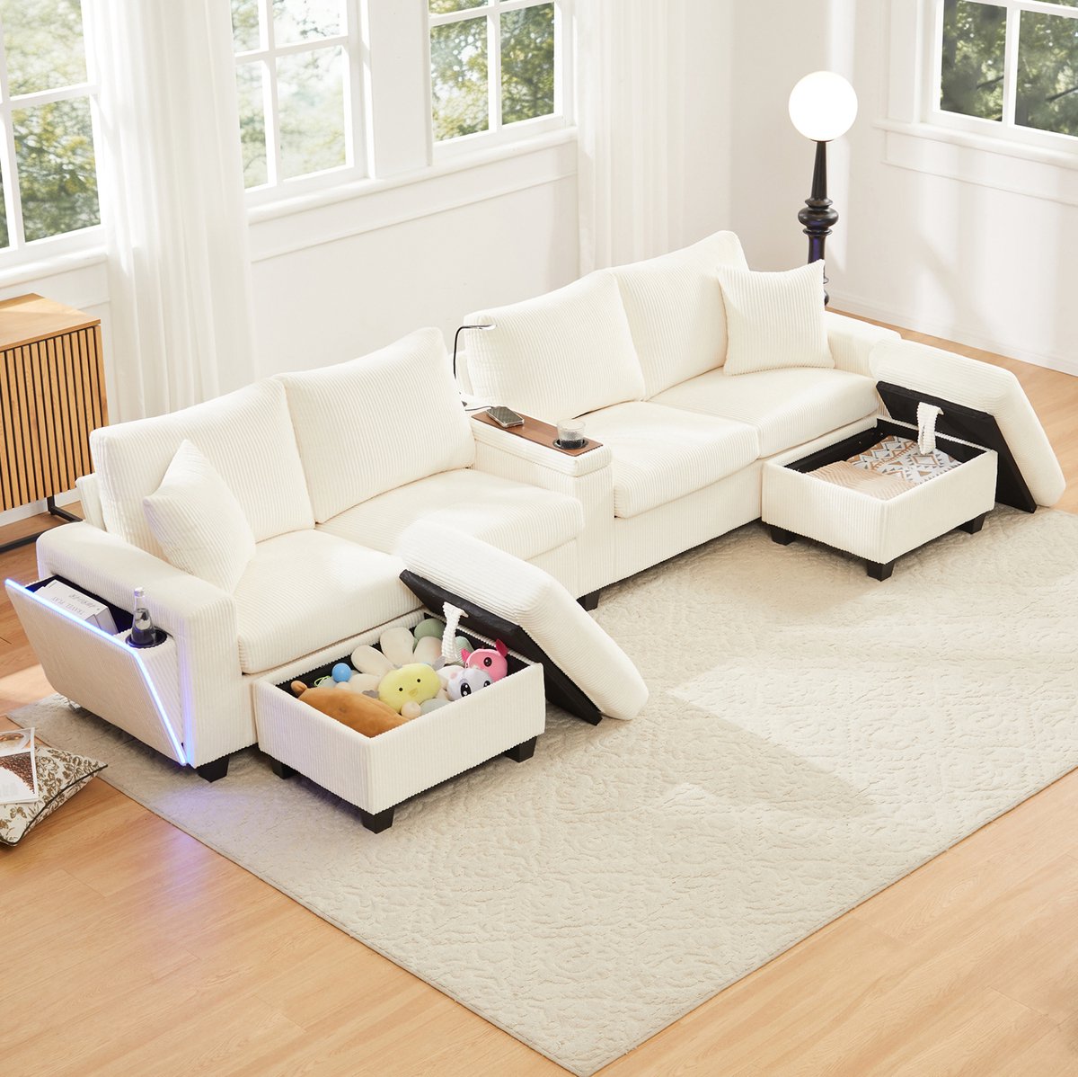 MODENUIT U-bank 334 x 128,5 x 81 cm - Met 2 Hockers, Leeslamp En USB/Type-C - Woonkamer - Cord Beige