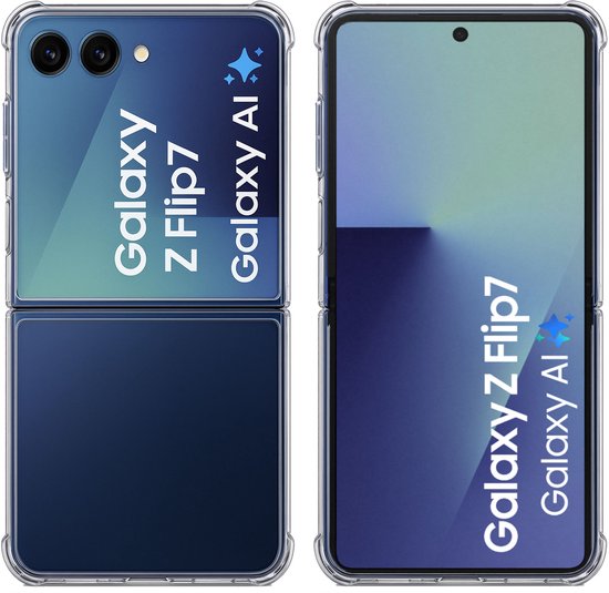 Coque transparente pour Samsung Galaxy Z Flip7, avant et arrière montrés, avec des bords protecteurs.