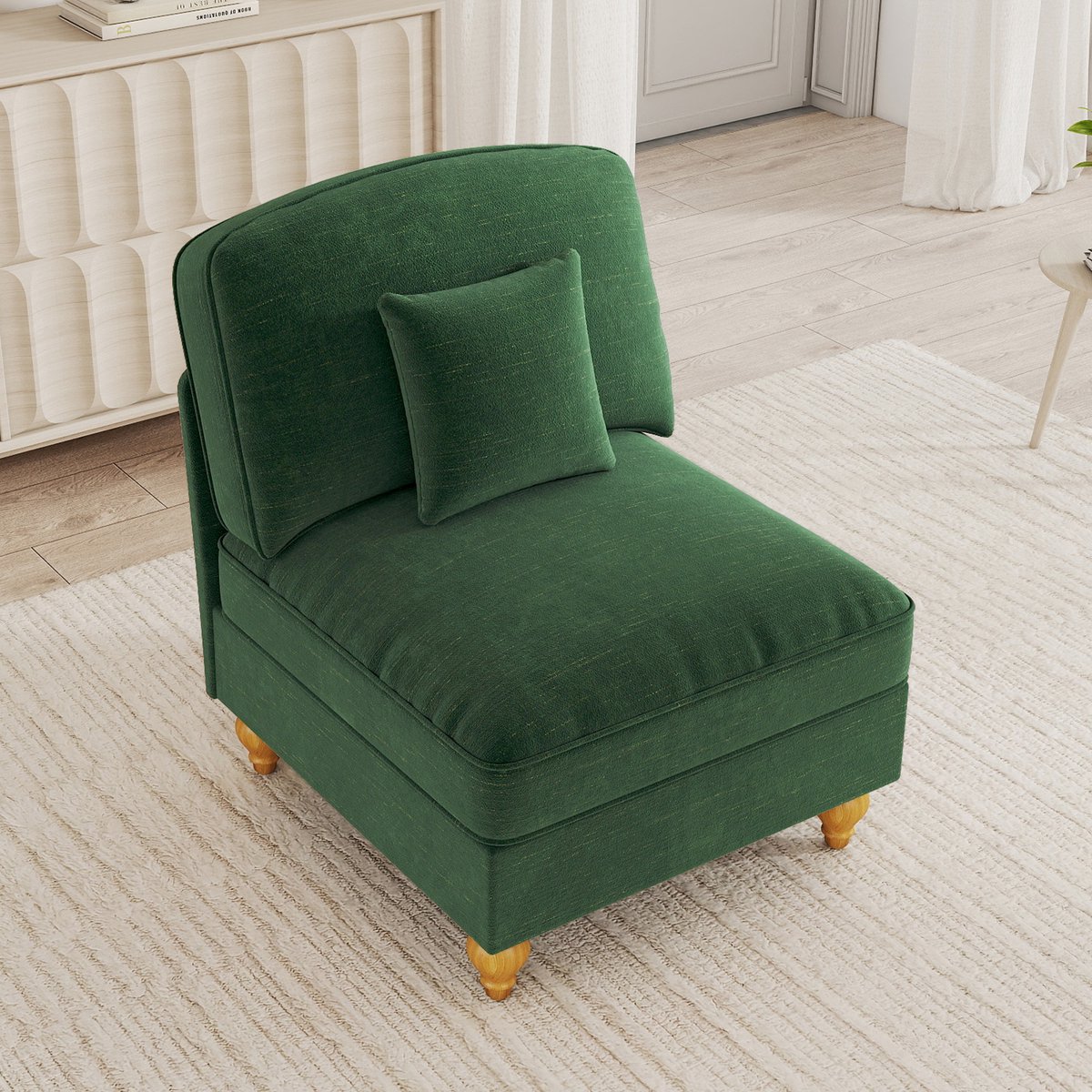 OKWISH Bankje 78 Cm - 1-Zits Windsor-Sofa Zonder Armleuningen Met Afneembare Franjerok En Kussen - Voor Woonkamer - Chenille - Groen
