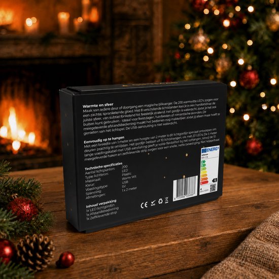 Giftmas lichtgordijn met 200 warmwitte LED's op 10 strengen, 1x2 meter, inclusief afstandsbediening.