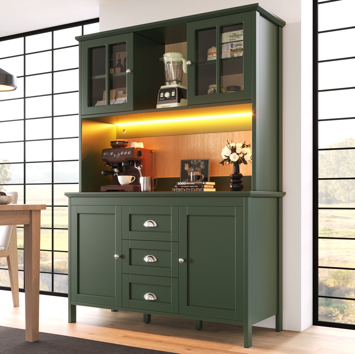 COVREO Keukenkast 120x40x179 cm groen, MDF met LED-verlichting en lades