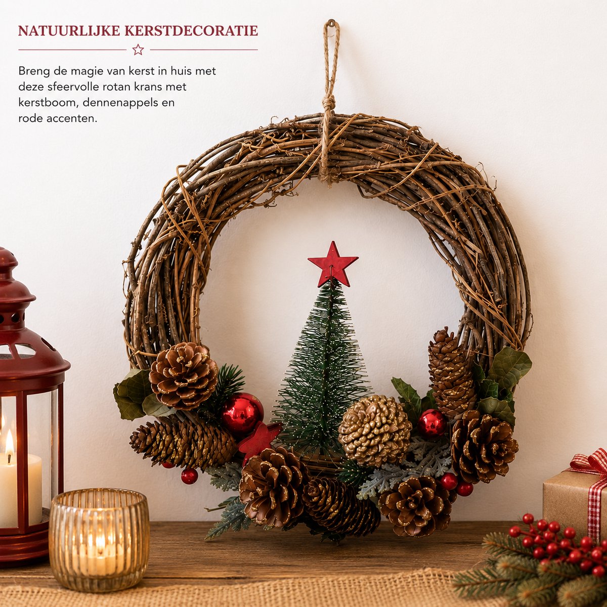 Rotan Kerstkrans Ø 30 x 8 cm – Ronde Deurkrans met Kerstboom, Dennenappels en Sneeuw – Kerstdecoratie voor Binnen en Buiten – Rood, Groen en Naturel – foto 7