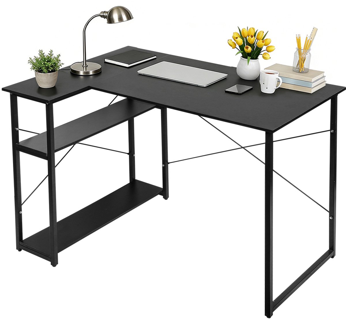 PIPIPOXER Bureau-Retro Schrijftafel - Computerbureau met 2 planken- Bureautafel van hout en metaal - Industrieel design - met opbergvak - 120 x 70 x 75 cm-Zwart