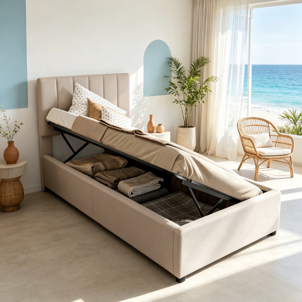ROSAHQNDA Kinderbed eenpersoonsbed 90x200 cm, gestoffeerd opbergbed met gasveer en verstelbaar hoofdbord, linnen bedframe beige, zonder matras