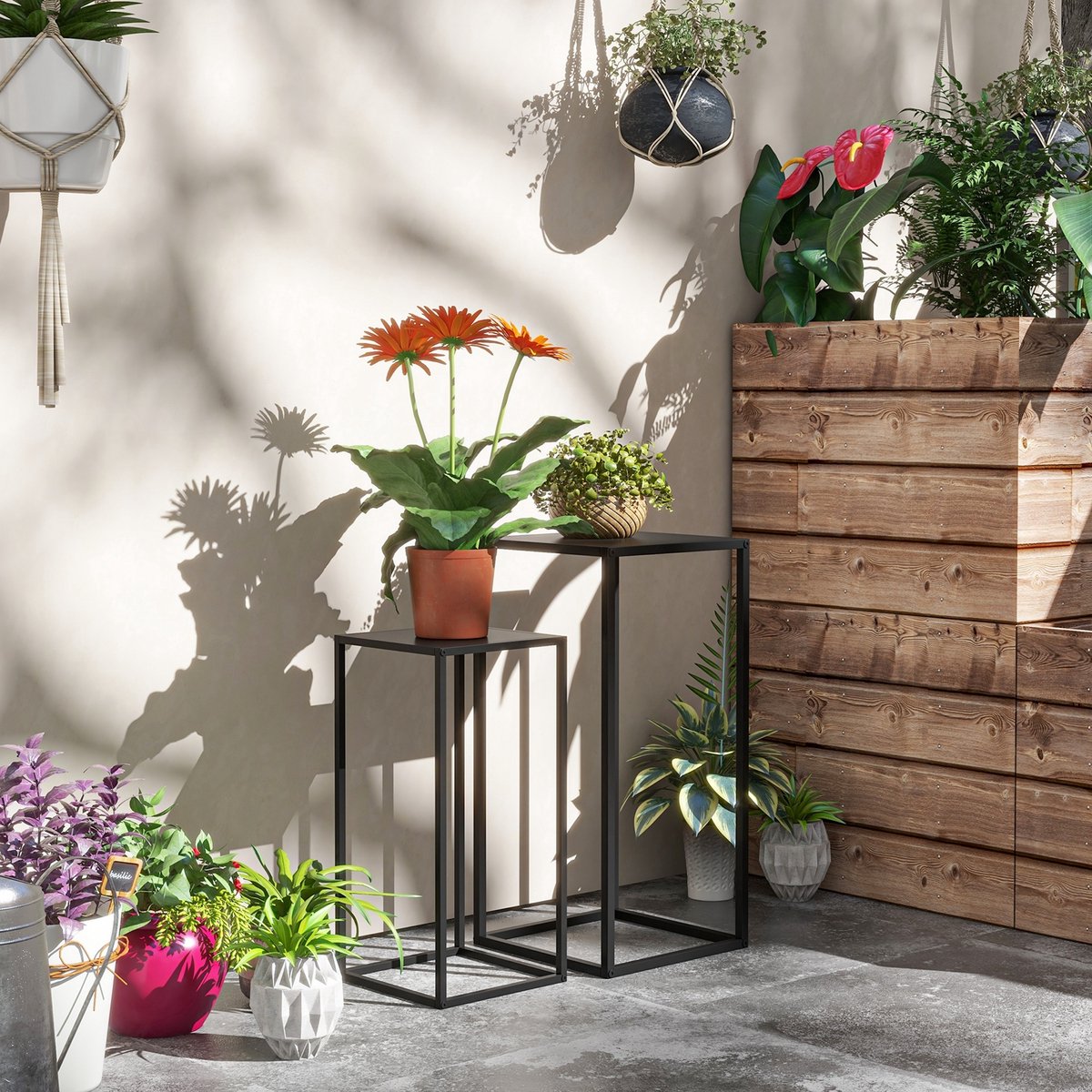 COVREO Plantenstandaard set van 2 31x31x65 cm zwart, staal, voor binnen en buiten