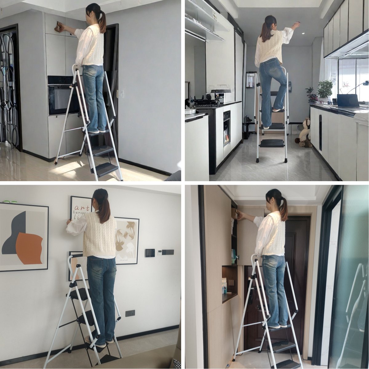 REDOM - Vouwladder - 4 treden - Opvouwbaar - Anti-slip - Veiligheidshandgreep - Stalen ladder - Huishoudelijk gebruik - Wit en Zwart - 154 cm
