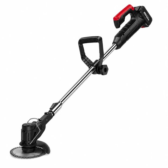 Een draadloze grastrimmer met een rode handgreep en extra handgreep, op een witte achtergrond.