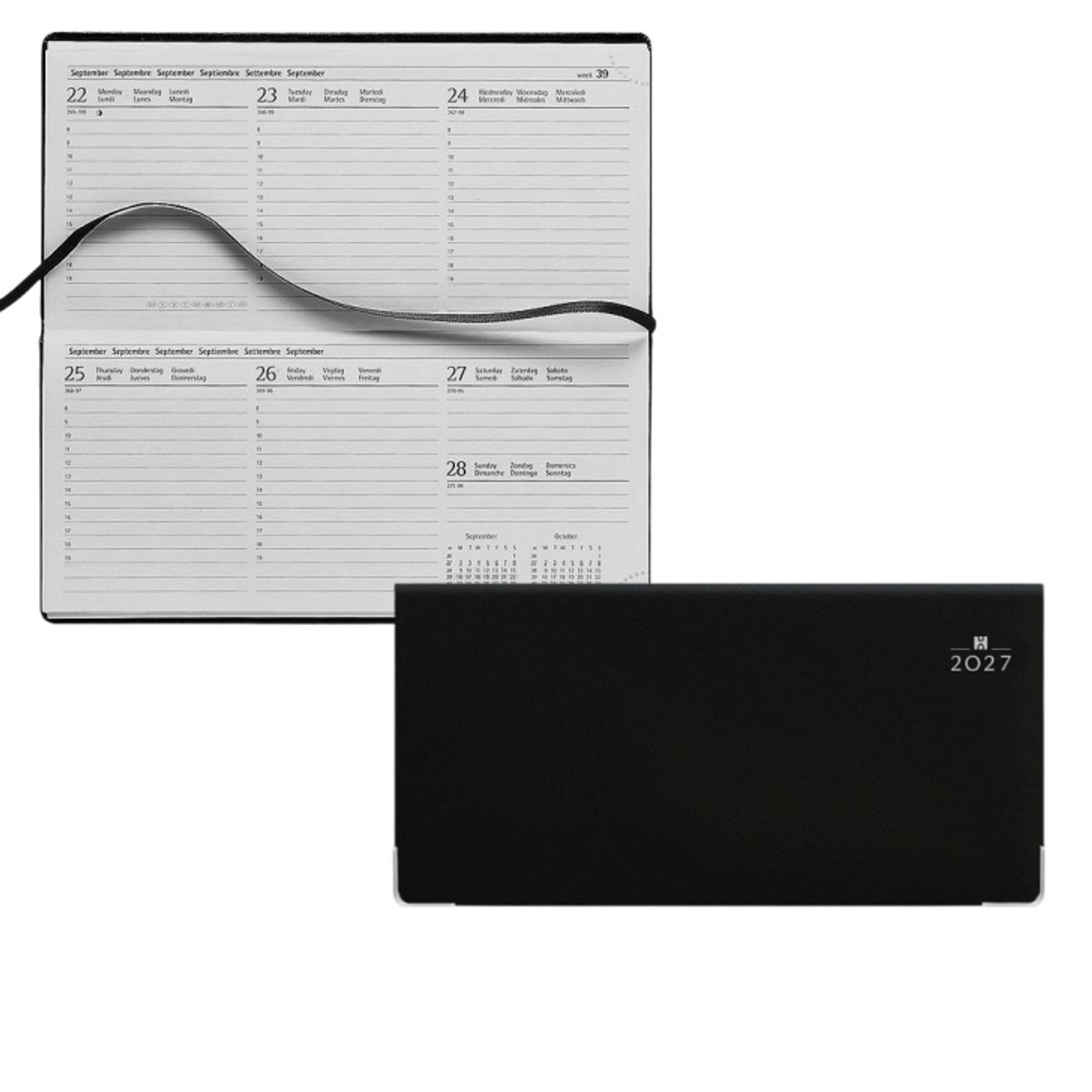 Castelli - Zakagenda H31 Genua 2027 - week per twee pagina's - formaat 8x17 cm - Liggende indeling - meertalig - Made in Italy - omslag Taggia zwart met nerf- met 2 zilverkleurige hoekjes