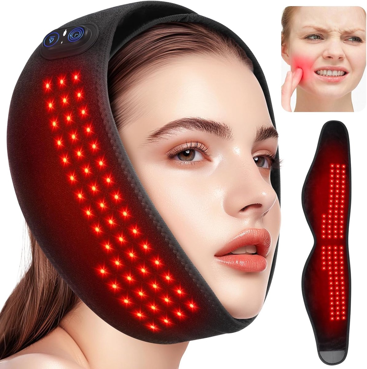 Draadloze TMJ-verwarmingsmat met rood licht, kaakverwarmingsmat, TMJ-verwarmingskussen, TMJ-gezichtsverwarmingswikkel, 660 nm, 3 verwarmingsstanden en automatische uitschakeling met timer, oplaadbare 5000mAh-batterij