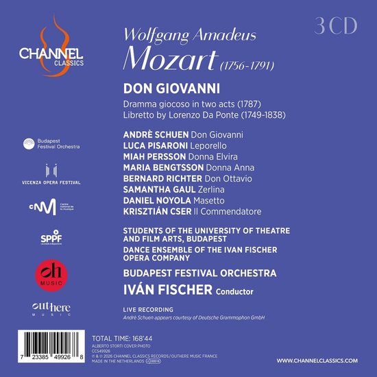 Hoes van de 3 CD "Mozart: Don Giovanni" met orkestleden en logo's van Channel Classics en Outhere Music.