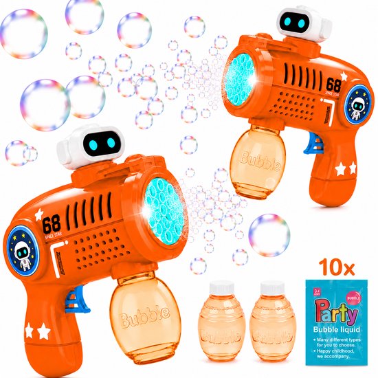 Deux pistolets à bulles orange avec 10 recharges de liquide à bulles.