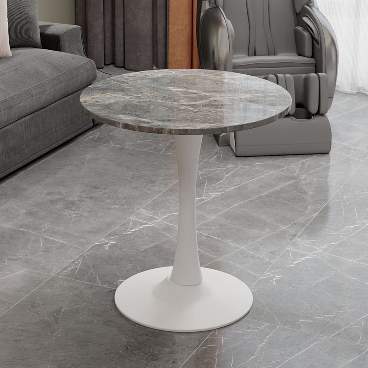 KOMHTOM - Ronde Salontafel en Eettafel - Mid-Century Modern Stijl - 27,6 Inch - Rond Marmeren Tafelblad met Donkergrijze Aders - Wit - Geschikt voor 2-4 Personen