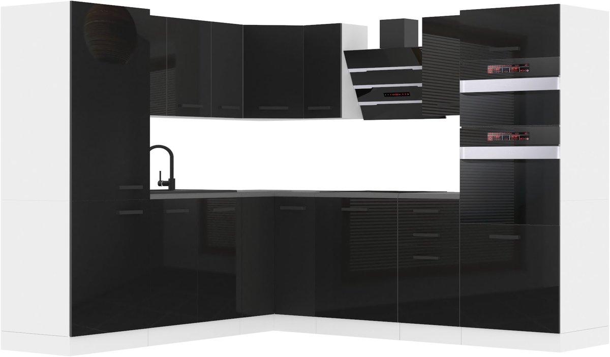 BELINI L-Vorm Keukenblok STACY - Keukenmeubel Set 420 cm Zwart Hoogglans zonder Werkbladen - Boven- en Onderkasten