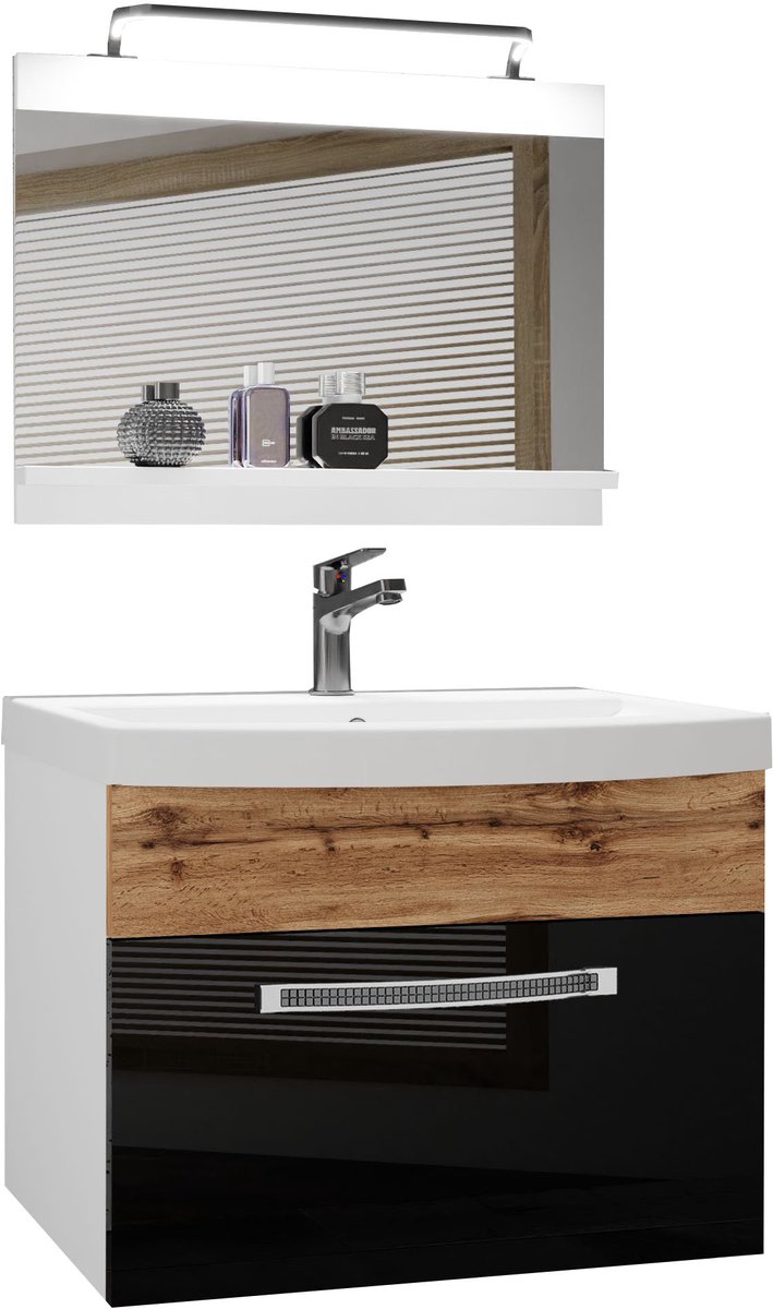 BELINI Badkamermeubel Set GLA PM 1 - Badmeubelset 60 cm Zwart/Wotan Eiken Hoogglans en Mat met Wastafel, Spiegel en LED Lamp - Wandmontage