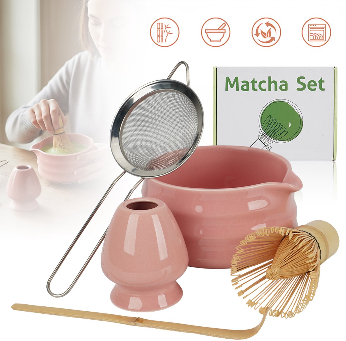 Matcha Garde Set, 5-Delige Keramische Matcha-Set, Cadeau Voor Een Matcha-Liefhebber, Inclusief Kom, Handgemaakte Garde Met 76 Tanden, Houder, Lepel en Zeef.