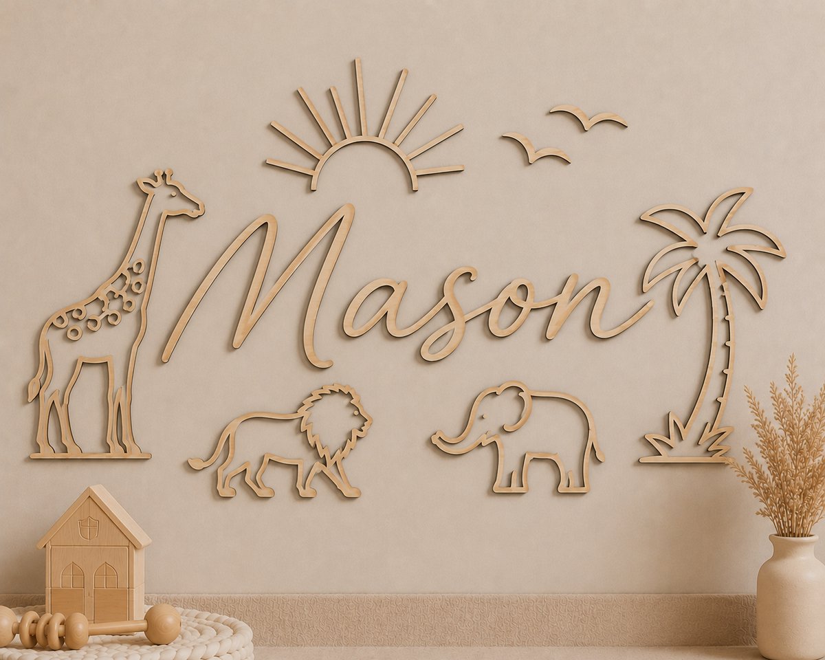 Gepersonaliseerde Houten Naamdecoratie Safari – 50 x 25 cm – Wanddecoratie Babykamer & Kinderkamer – 5 mm Hout – Jungle Dieren – Uniek Kraamcadeau