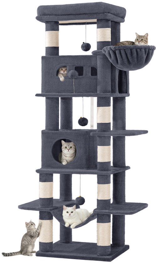 Een donkergrijze, meerlaagse kattenboom met meerdere zitplaatsen, holletjes, mandje, hangmat en katten die erop spelen. Wit-op-witte achtergrond.