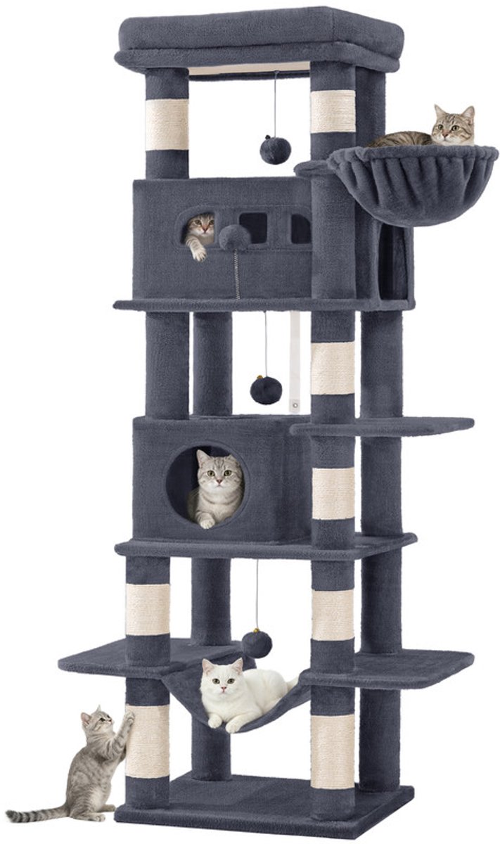 Hzuaneri Krabpaal groot, 170 cm, kattentoren voor Maine-kat, grote kat, meerlaagse krabpaal met grote zitstang, wasbare mat, kattenhuismeubel met 2 holletjes, 8 krabbomen, Donkergrijs