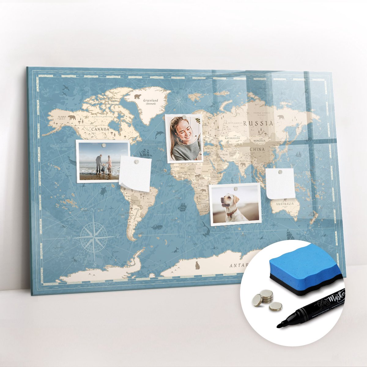 Tulup Whitebord - Vintage wereldkaart - 90 x 60 cm - Blauw Magneetbord Muur - Gratis 5 Sterke Magneten + Whiteboard Marker & Wisser - Moderne Wanddecoratie - Memobord Keuken - Planning Muur