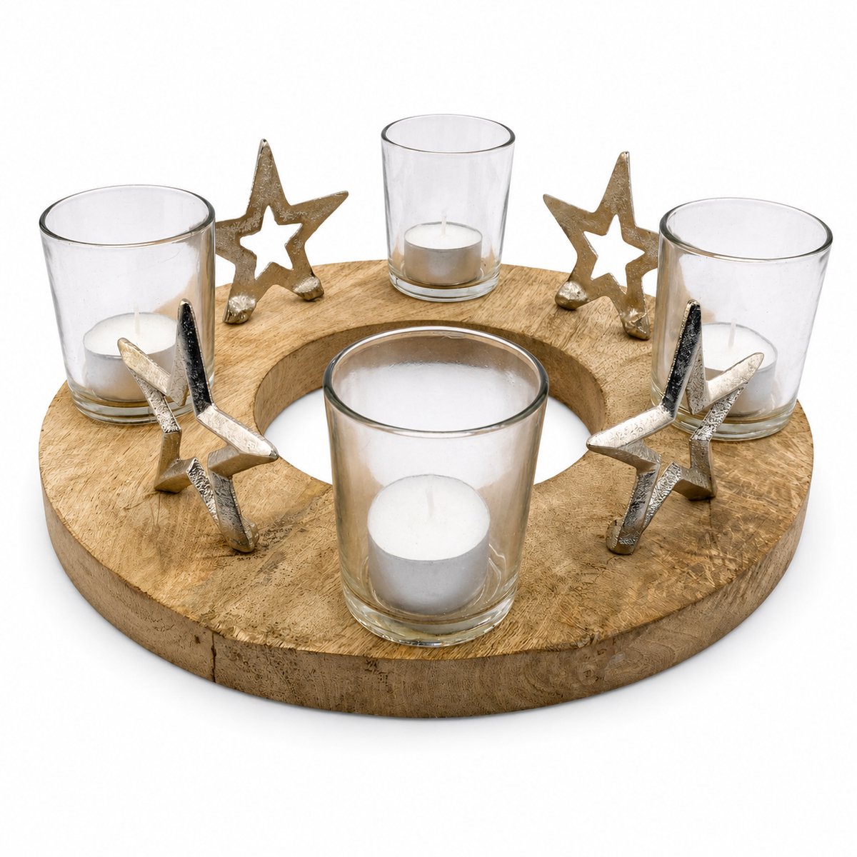 WDMT Teakhouten Waxinelichthouder Ster Ø 30 cm – Houten Theelichthouder met 4 Glazen Waxinehouders – Landelijke Tafeldecoratie en Kerstdecoratie – Bruin