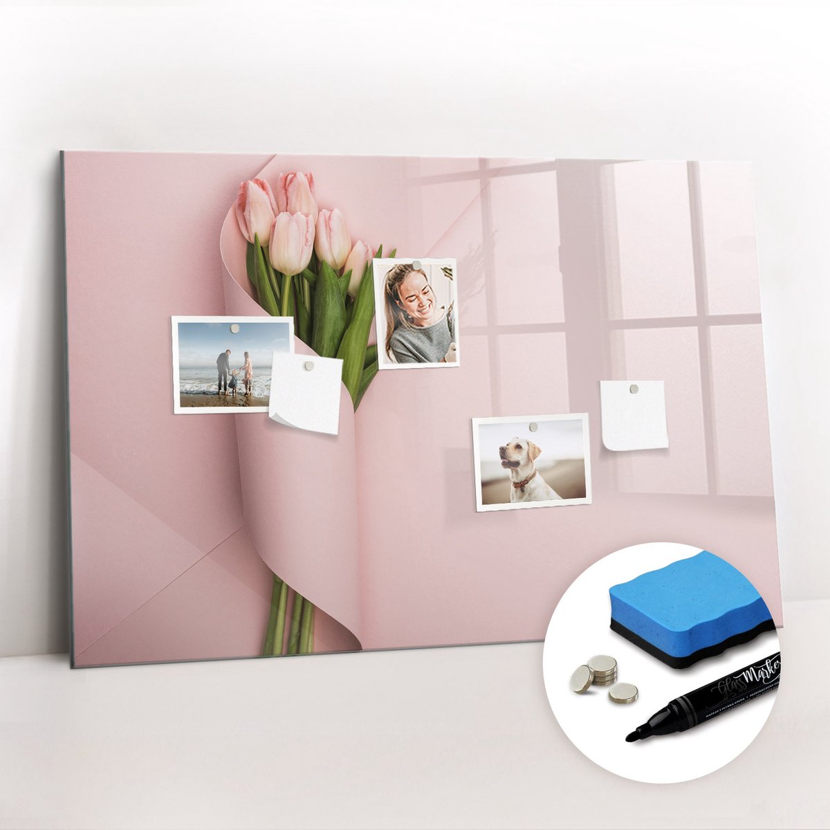 Tulup Whitebord - Een boeket bloemen - 90 x 60 cm - Roze Magnetisch Bord - Gratis 5 Sterke Magneten + Whiteboard Marker & Wisser - Scandinavisch Design Bord - Memobord Magnetisch - Notitiebord Werkplek