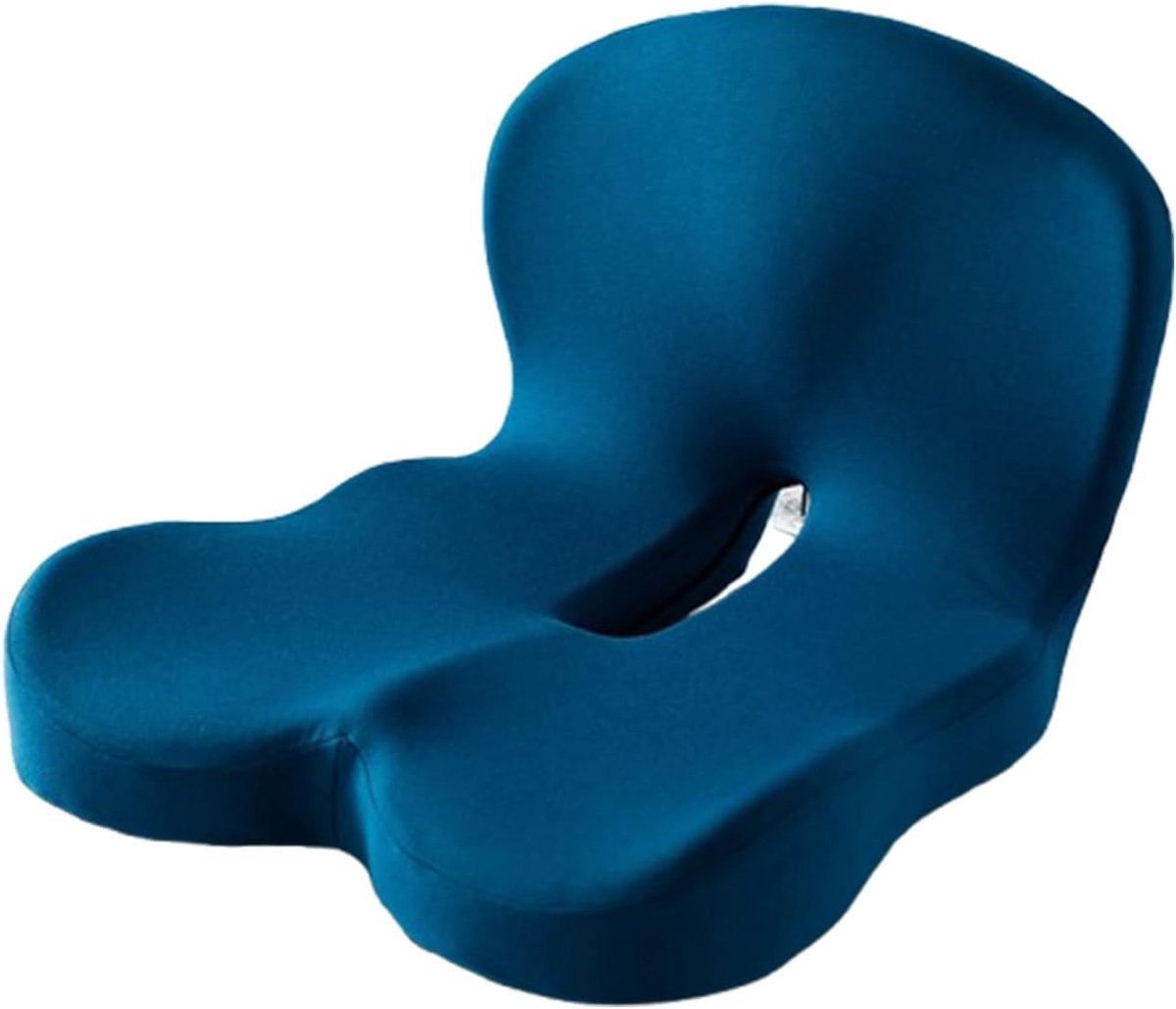 Orthopedisch zitkussen met L-vormige lendensteun, ademend, Geschikt voor bureaustoelen, auto's en rolstoelen. Ergonomisch ontworpen antislip zitkussen van traagschuim met rugsteun (blauw).