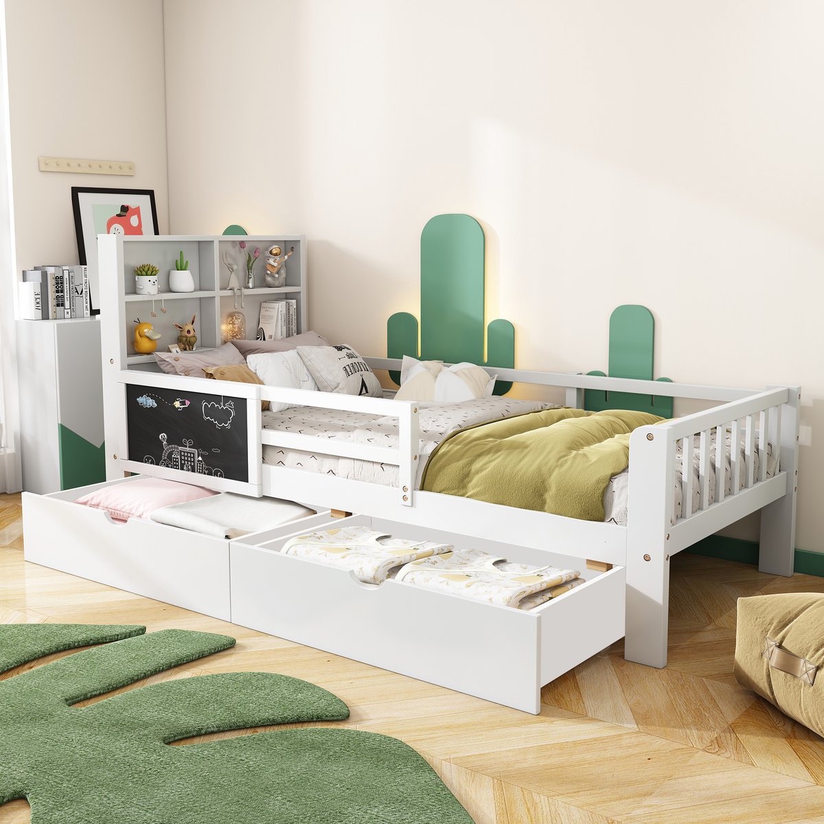Kinderbed 90x200 cm - Multifunctioneel Houten Kinderbed Met Opberglades, Krijtbord, Boekenkast En Veiligheidshekje Wit