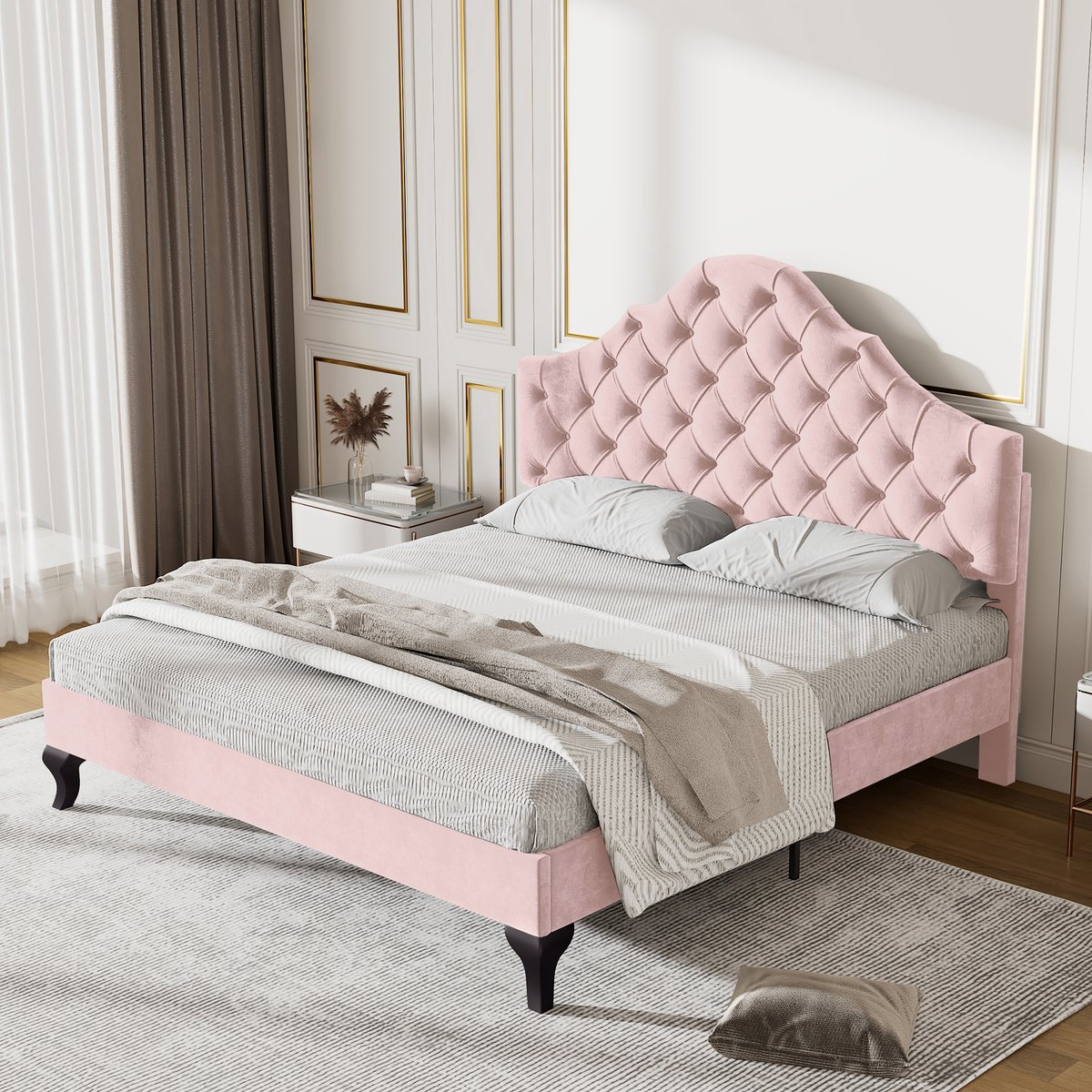 Luxe Velvet Bed 140x200 cm - Gestoffeerd Bed Met Hoog Verstelbaar Hoofdbord Roze