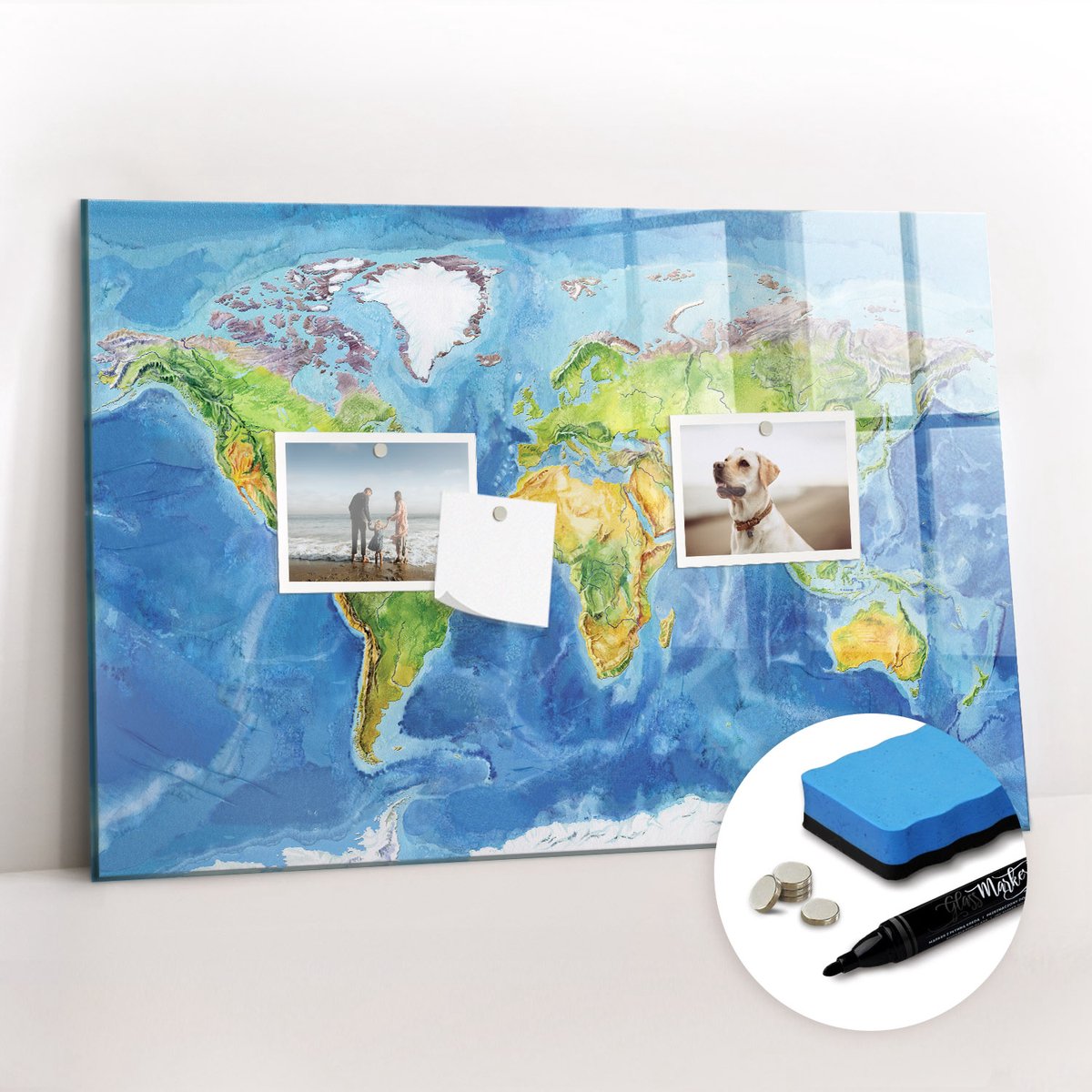 Tulup Whitebord - Minimalistische wereldkaart - 60 x 40 cm - Veelkleurig Magnetisch Wandbord - Gratis 5 Sterke Magneten + Whiteboard Marker & Wisser - Decoratief Magnetisch Bord - Magnetic Board - Productiviteit Tools